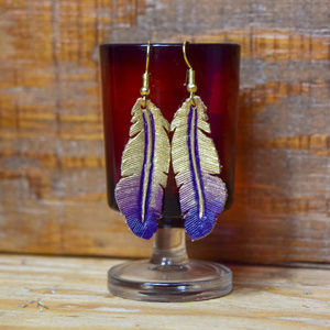 Genuine Leather Feather Earrings in Purple & Gold